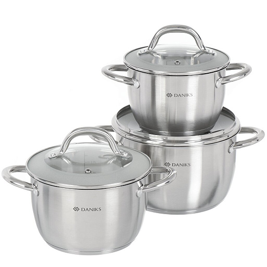 Набор посуды нержавеющая сталь, 6 предметов, кастрюли 1.9, 2.7, 3.7 л, индукция, Daniks, Перл, GS-01205-6