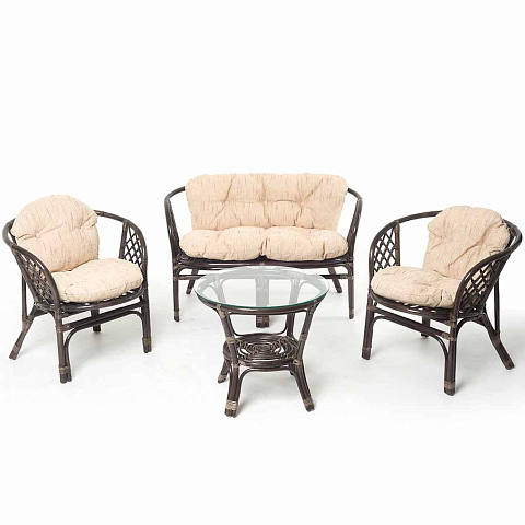 Мебель садовая Багамы, темно-коричневая, стол, 60х60х54 см, 2 кресла, 1 диван, подушка бежевая, 85 кг, 116х67х72 см, 01/16 NEW ТК
