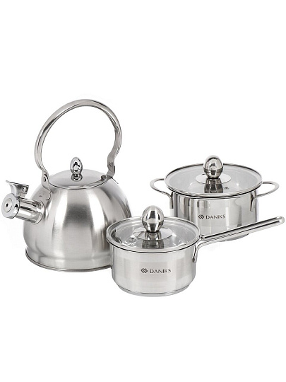 Набор посуды нержавеющая сталь, 5 предметов, кастрюля 1 л, ковш 0.8 л, чайник 2 л, индукция, Daniks, GS-01311A-5PC