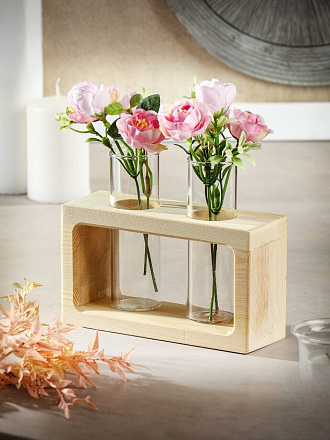 Ваза стекло, настольная, 17х14 см, 2 цветка, Y6-10077, колба, деревянная подставка