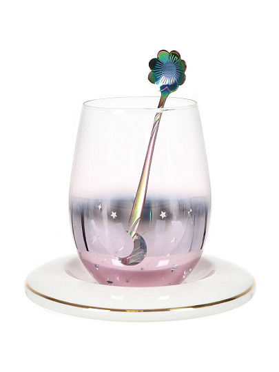 Стакан 350 мл, стекло, Полночь, с ложкой и блюдцем, в ассортименте, Y4-3754