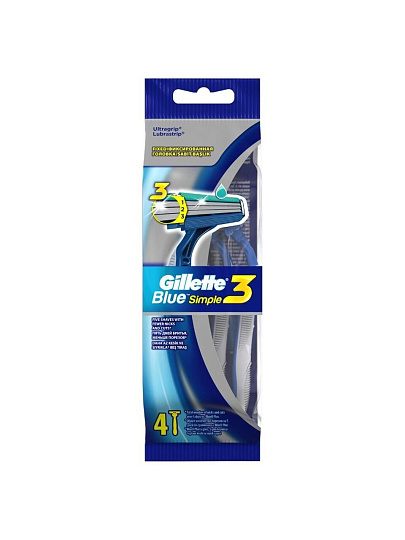 Станок для бритья Gillette, Blue Simple3, для мужчин, 3 лезвия, 4 шт, одноразовые, BLI-81631554