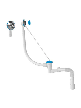 Сифон для ванны, с выпуском, с переливом, низкий, h120, с гибкой трубой 40х40/50, Aquanova, 1521