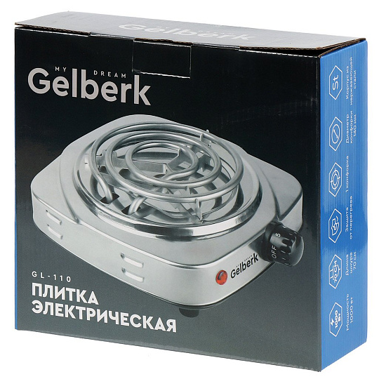 Плита электрическая Gelberk, GL-110, 1000 Вт, 1 конфорка, спираль, нержавеющая сталь, механическая, переключатель поворотный