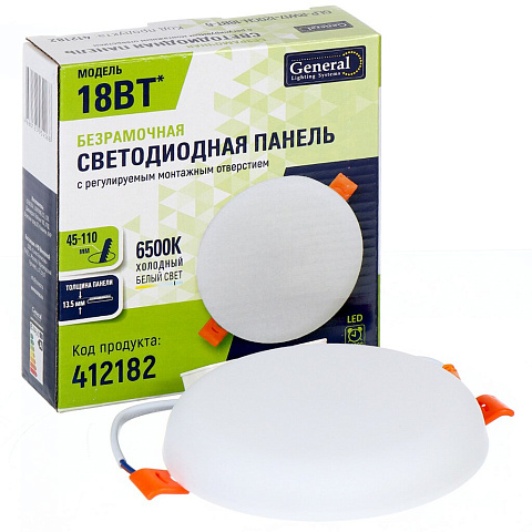 Светильник светодиодный, General Lighting Systems, 18BT-6К, 18 Вт, 6500 К, 1725 Лм, IP40, с креплением под любое отверстие 45-110 мм, холодный белый свет, 412182