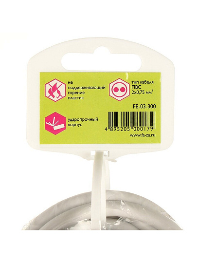 Удлинитель бытовой 3 гнезда, 3 м, 2х0.75 мм², без заземления, со шторкой, пластик, белый, ФАZА, FE-03-300, 5000179