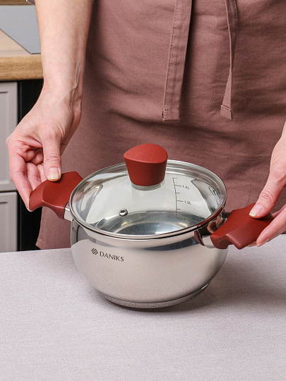 Кастрюля нержавеющая сталь, 1.9 л, крышка стекло, Daniks, Орлея, GS-01159P-16CA, индукция