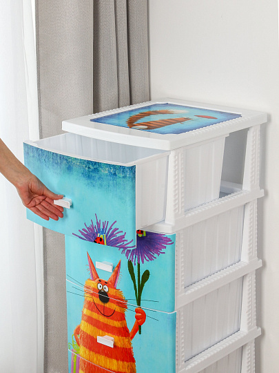 Комод детский 4 ящика, Кот, 38х47х98 см, белый, Росспласт, РП-451