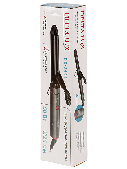 Щипцы Delta Lux, для завивки волос, 50 Вт, керамическое покрытие, 4 режима, 210 °, 25 мм, темно-серые, DE-5401