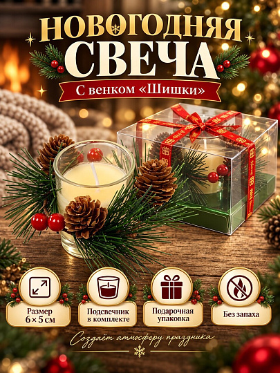 Свеча 6х5 см, Шишки, парафин, с венком, 100 г, A330151