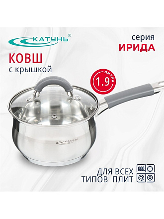Ковш нержавеющая сталь, 1.9 л, крышка стекло, силиконовая ручка, индукция, Катунь, Ирида, КТ08-К