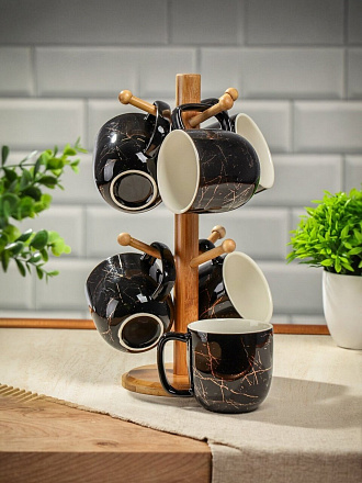 Кружка керамика, 6 шт, 300 мл, Y4-7116, бамбуковая подставка