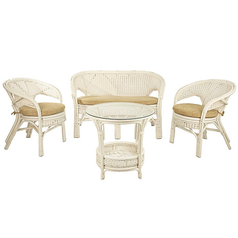 Мебель садовая Пеланги, белая, стол, 58 см, 2 кресла, 1 диван, подушка бежевая, 95 кг, 02/15 White