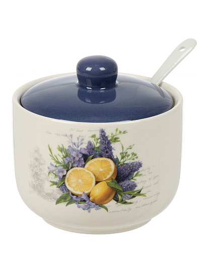 Сахарница 500 мл, доломит, 11.2х11.2х11 см, с ложкой, Daniks, Лаванда