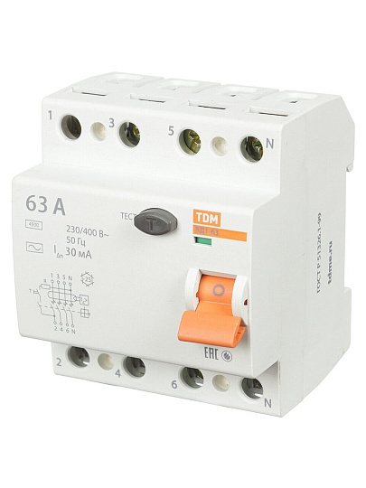 Устройство защитного отключения TDM Electric, ВД1-63, 4 полюса, 63 А, 30 мА, SQ0203-0044