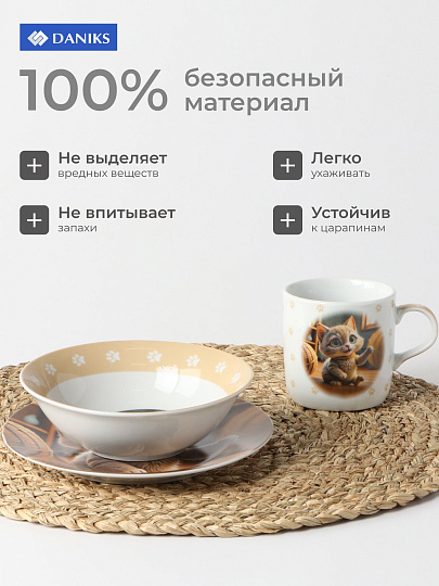 Набор посуды керамика, 3 шт, Нейрокот, тарелка 17.5 см, салатник 15 см, кружка 230 мл, Daniks, C1007