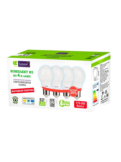 Лампа светодиодная E27, 10 Вт, 230 В, груша, 4000 К, нейтральный белый свет, 4 шт, General Lighting Systems, GLDEN-CF, CF, 662358