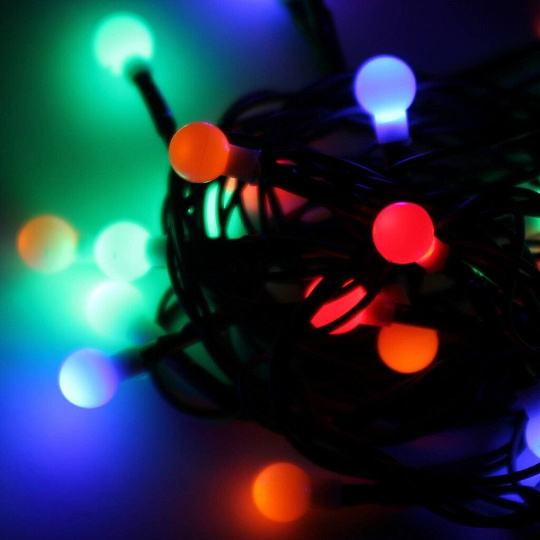 Гирлянда 100 ламп, 13 м, 8 режимов, Космос, свет мультиколор, черная, на улице/в помещении, сетевая, 100 LED, мигание, удлинение до 4 шт, KOC_GIR100BallRGB_IP
