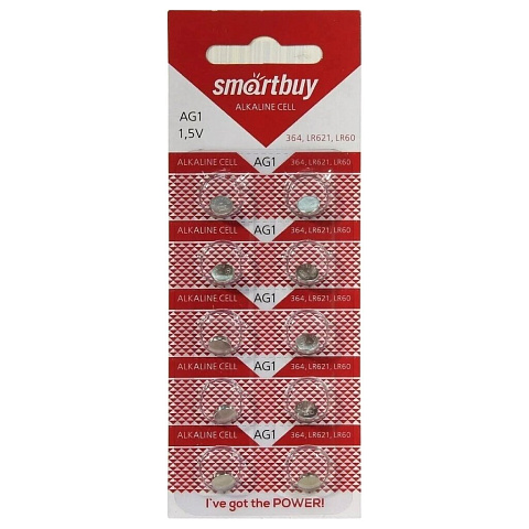 Батарейка Smartbuy, LR621 (364A, G01), Alkaline, щелочная, 1.5 В, блистер, 10 шт, SBBB-AG1-10B