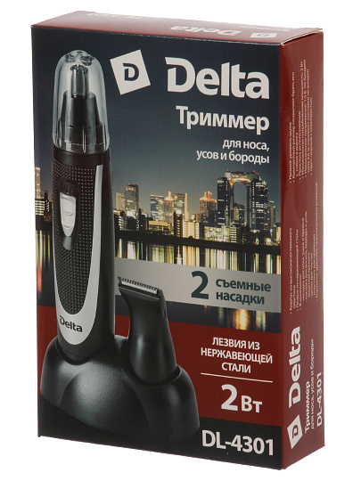 Триммер для стрижки, Delta, DL-4301, аккумуляторный, 2 Вт, черный с серебром, на подставке, 2 насадки