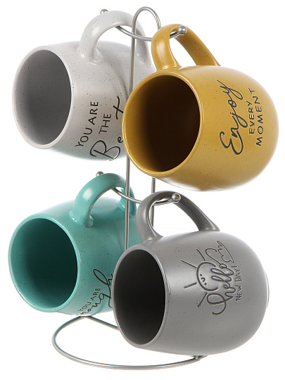 Набор кружек керамика, 4 шт, 380 мл, металлическая подставка, ТМ Глория, 202392, металл