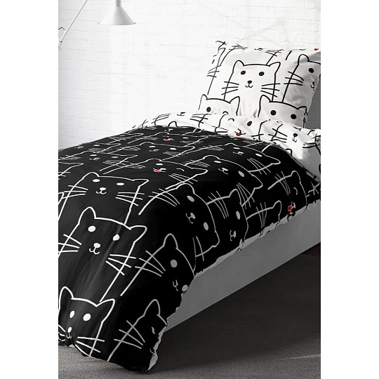 Постельное белье детское 1.5-спальное, простыня 150х214 см, 1 наволочка 70х70 см, пододеяльник 143х215 см, Crazy Getup, перкаль, Black Cat 788234