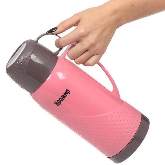 Термос пластиковый со стеклянной колбой Яромир ЯР-2022С/1 с узким горлом розовый с коричневым, 1 л