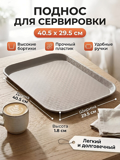 Поднос пластик, 40.5х29.5х1.8 см, прямоугольный, серый, Y4-15004