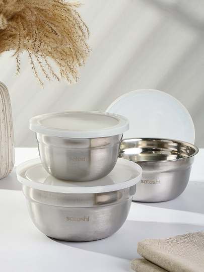 Салатник сталь, круглый, 3 шт, 14, 16, 18 см, 0.8, 1.2, 1.5 л, с крышкой, Satoshi, 812-080