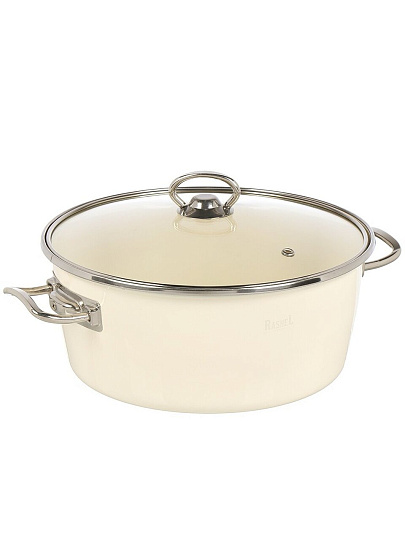Кастрюля эмалированная сталь, 4.5 л, крышка стекло, ручки хром, RasheL, R9024, кремовая, индукция
