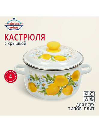 Кастрюля эмалированная сталь, 4 л, крышка сталь, сферический, Сибирские товары, Лимоны, 3MC201P, индукция