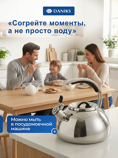 Чайник нержавеющая сталь, 3 л, со свистком, зеркальный, сталь 304, нержавеющая сталь, Daniks, Expert, индукция, GS-04590