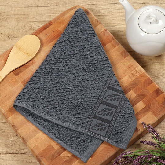 Полотенце кухонное махровое, 30х50 см, 450 г/м2, 100% хлопок, Barkas, Листопад, темно-серое, Узбекистан