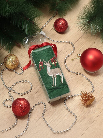 Полотенце кухонное махровое, 40х60 см, 400 г/м2, 100% хлопок, Silvano, Вышивка Олень с шарами, зеленое, Турция, D19-13