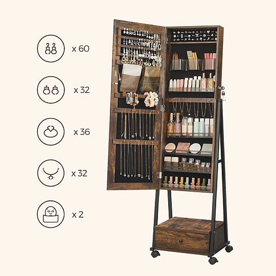 Полка-стеллаж МДФ+сталь, 41.5х37х152.5 см, с зеркалом, коричнево-черный, Songmics, Лофт, JJC004X01