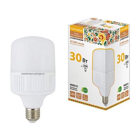 Лампа светодиодная E27, 30 Вт, 200 Вт, цилиндрическая, 4000 К, свет холодный белый, TDM Electric, Народная, T-образная, 100x178 мм
