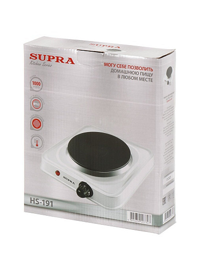 Плита электрическая Supra, HS-191, 1000 Вт, 1 конфорка, диск, эмаль, механическая, переключатель поворотный, белая