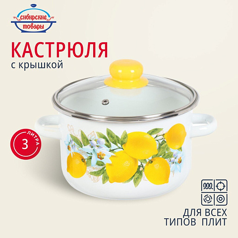 Кастрюля эмалированная сталь, 3 л, с крышкой, крышка стекло, цилиндрическая, Сибирские товары, Лимоны, 1MD181S, индукция