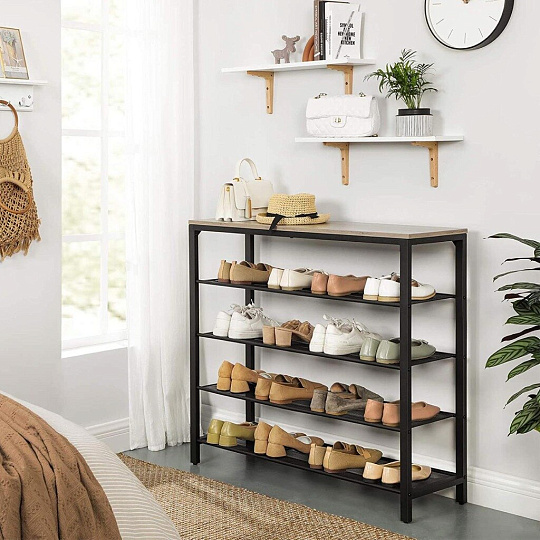 Полка для обуви, ДСП+сталь, 5 секций, 100х30х92.5 см, с сетчатыми полками, Лофт, LBS015B02