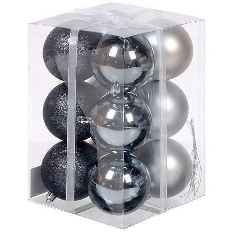 Елочный шар 12 шт, серый, 8 см, пластик, SYQD-012277