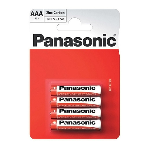 Батарейка Panasonic, ААА (R03, 24D), Zinc-carbon, солевая, 1.5 В, блистер, 4 шт