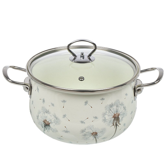 Кастрюля эмалированная сталь, 3.8 л, крышка стекло, Agness, Dandelion, 943-058, индукция