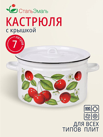 Кастрюля эмалированная сталь, 7 л, крышка сталь, цилиндрическая, СтальЭмаль, Вишня ягоды, 1с18с, индукция