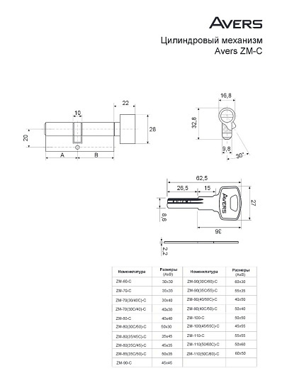 Личинка замка двери Avers, ZM-90(40C/50)-C-CR, 22794, ЦАМ, 90 мм, хром