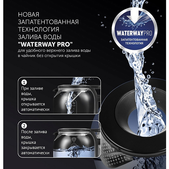 Чайник электрический Polaris, PWK 1753CGL, черный, 1.5 л, 1800 Вт, скрытый нагревательный элемент, стекло