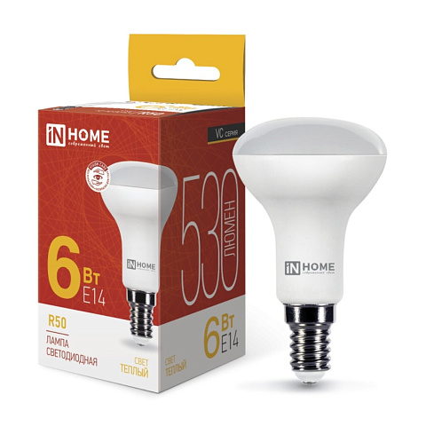 Лампа светодиодная E14, 6 Вт, 50 Вт, 230 В, рефлектор, 3000 К, свет теплый белый, In Home, LED-R50-VC