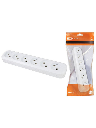 Колодка розеточная 6 гнезд, 2 полюса, без заземления, 10 А, белый, TDM Electric, SQ1806-0038