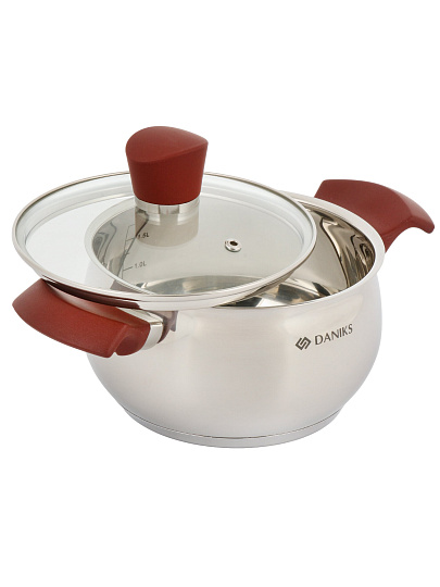Кастрюля нержавеющая сталь, 1.9 л, крышка стекло, Daniks, Орлея, GS-01159P-16CA, индукция
