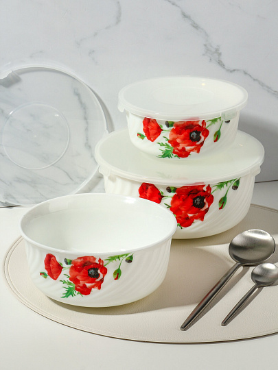 Салатник стеклокерамика, круглый, 3 шт, 9 см, 14. 16. 19 см, 0.5, 0.8, 1.4 л, с крышкой, Алый мак, Daniks