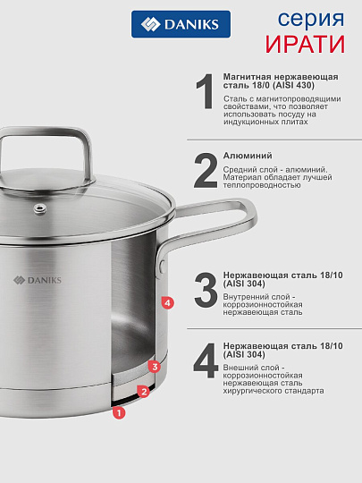 Кастрюля нержавеющая сталь, 3.9 л, крышка стекло, сталь 304, круглая, Daniks, Ирати, SD-01369-20, индукция